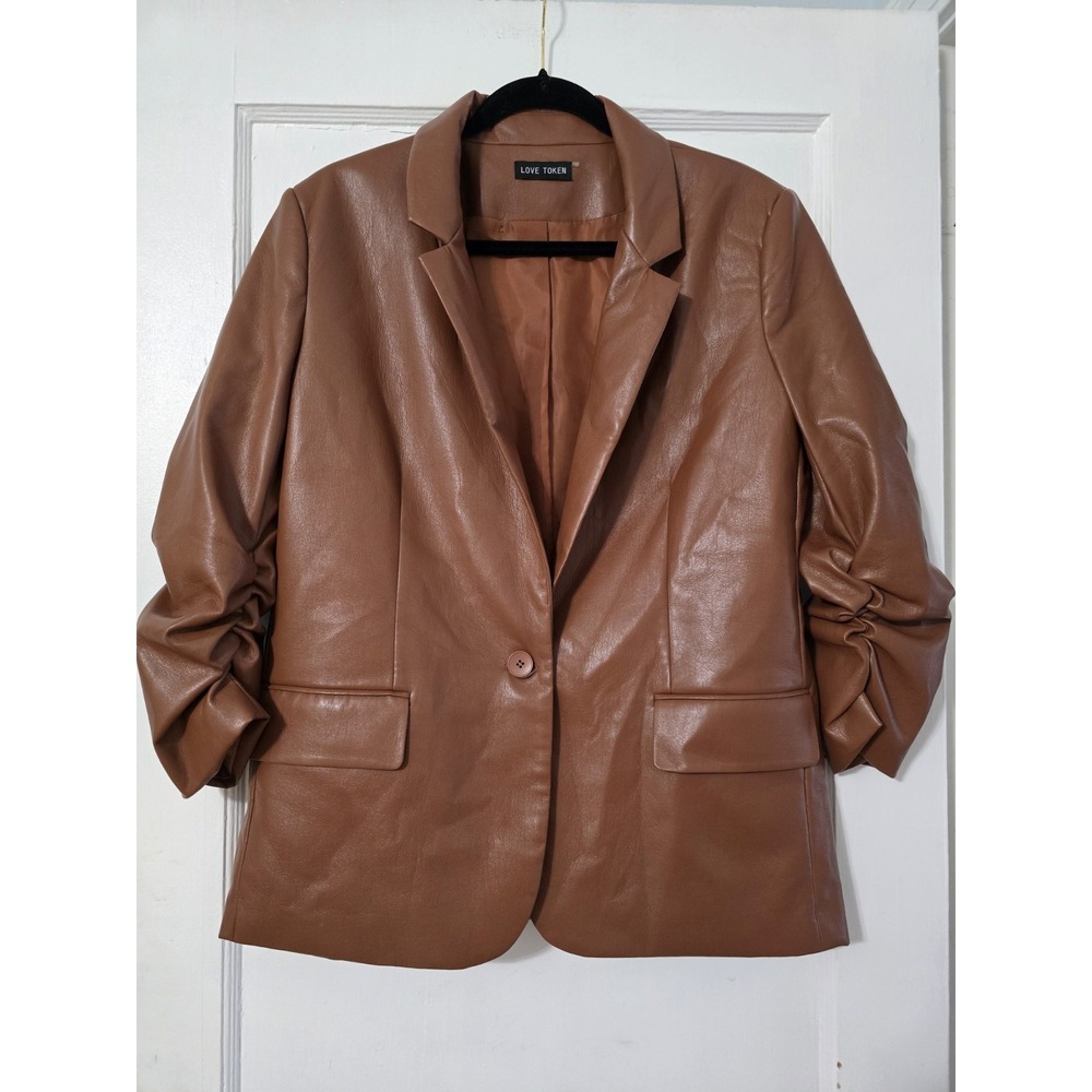 Love Token Tan Polyurethane Lined Jacket‎ 3/4 Sleeve Fits Like Large